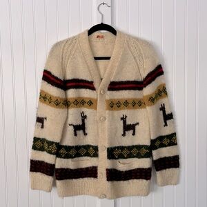 Vintage Llama Sweater Hand Knit Cardigan Colorful Stripes Funky Pattern Cowichan